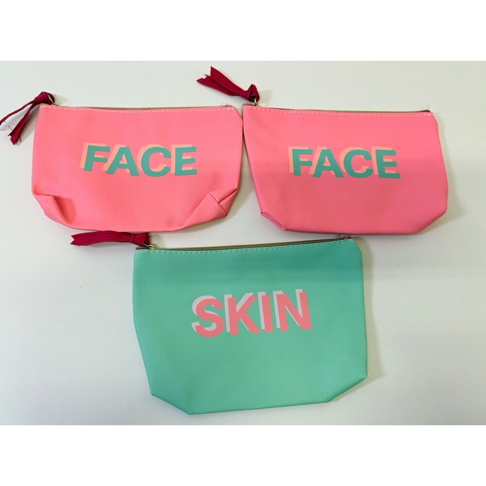 3pc Pink & Green Makeup Bag Set FACE (2) SKIN (1) Zipper Pouches 8x6 in